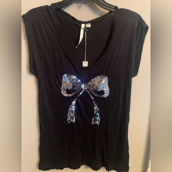 Lauren Conrad Small Black Top with Sequin Silver Metallic Bow, NWT, P2P 17 - Picture 1 of 4